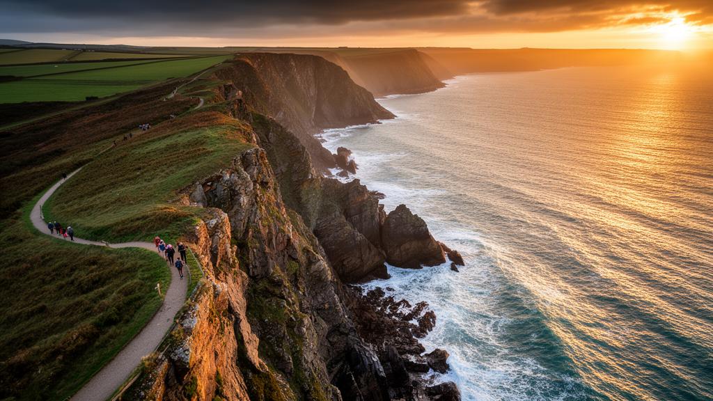Hikers on the South West Coast Path clifftops at sunset