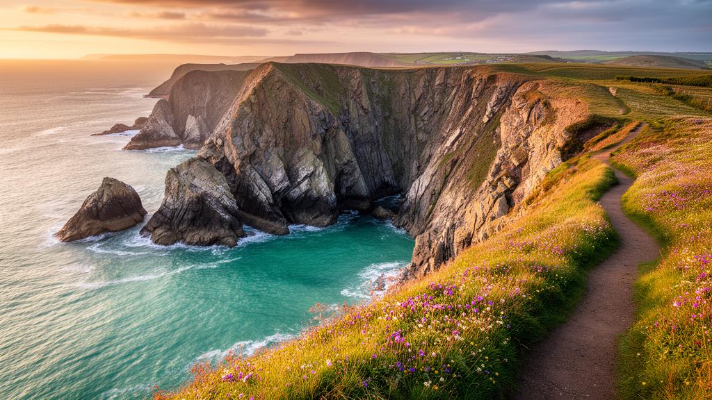 Dramatic rocky headlands and wildflowers along the South West Coast Path in Cornwall