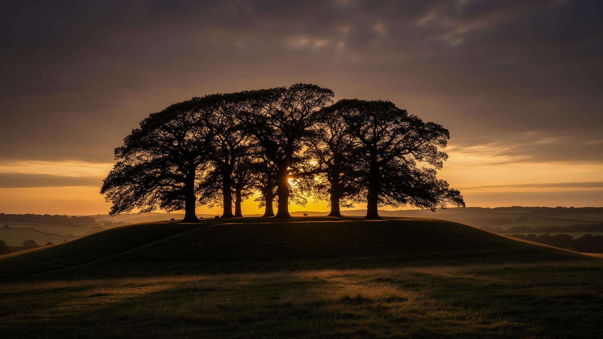Chanctonbury Ring on the South Downs Way — beech trees silhouetted on a hilltop at sunset