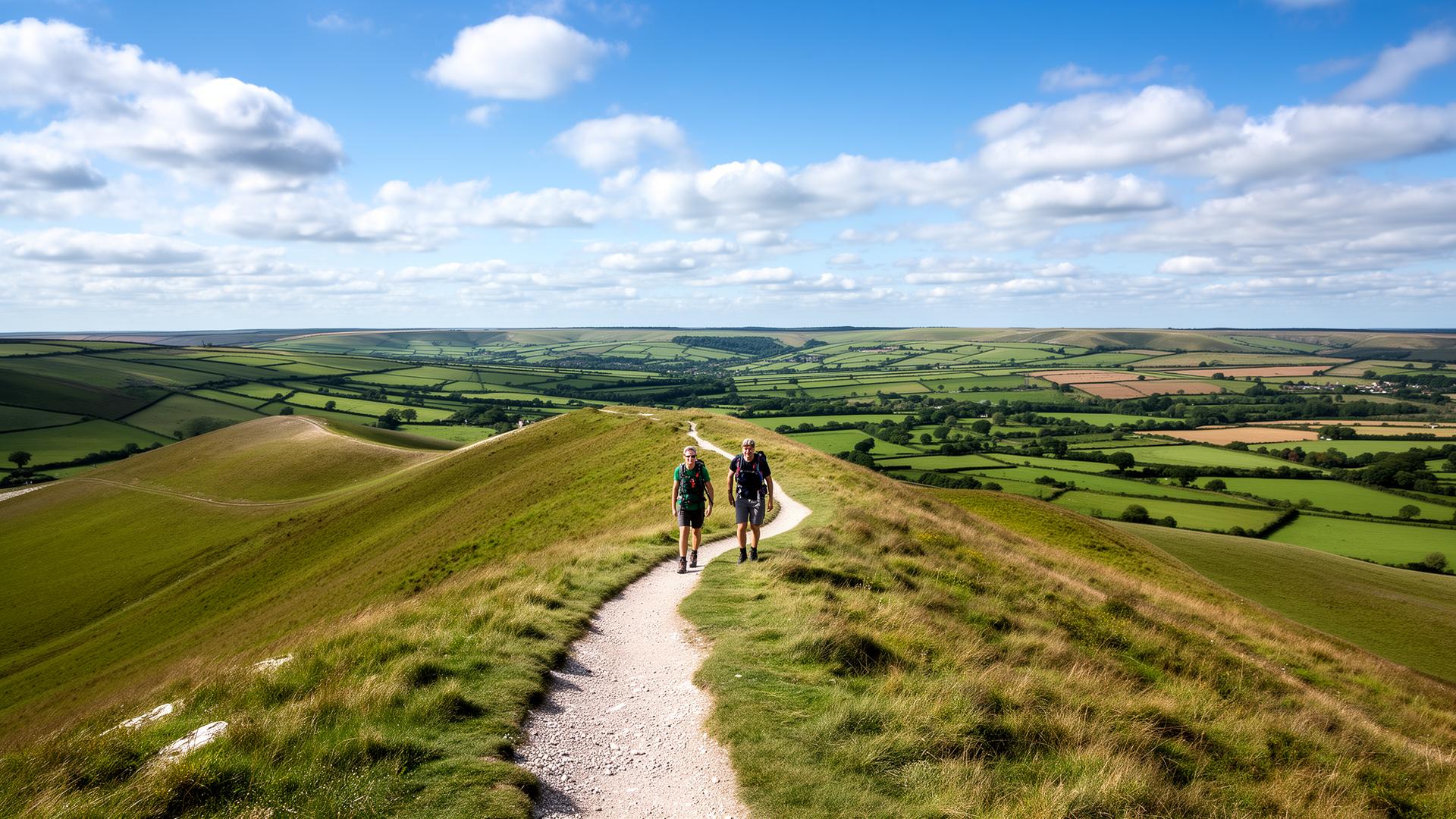 Two hikers walking along the chalk ridge path on the South Downs Way
