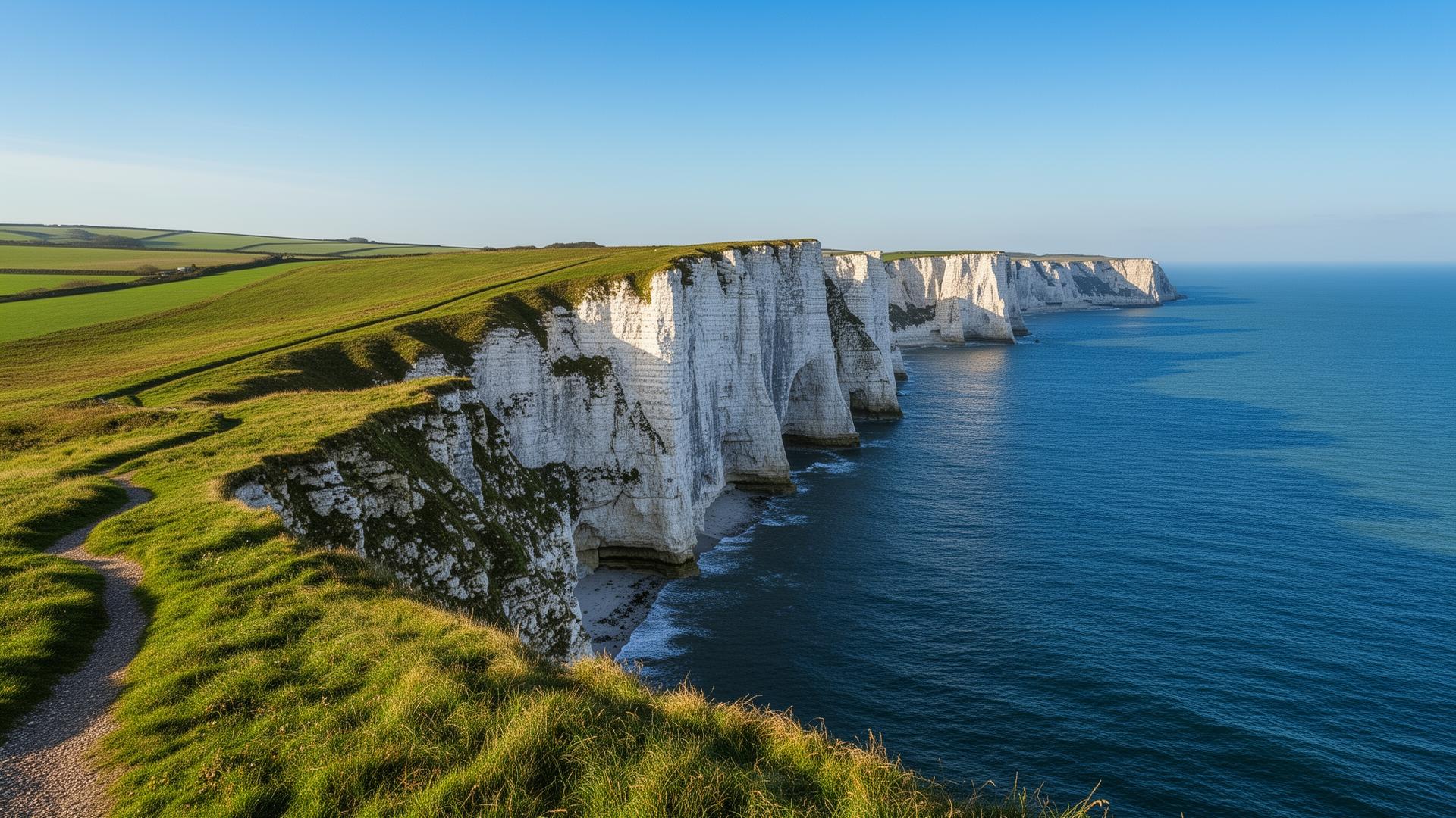 The Seven Sisters chalk cliffs on the South Downs Way with the English Channel