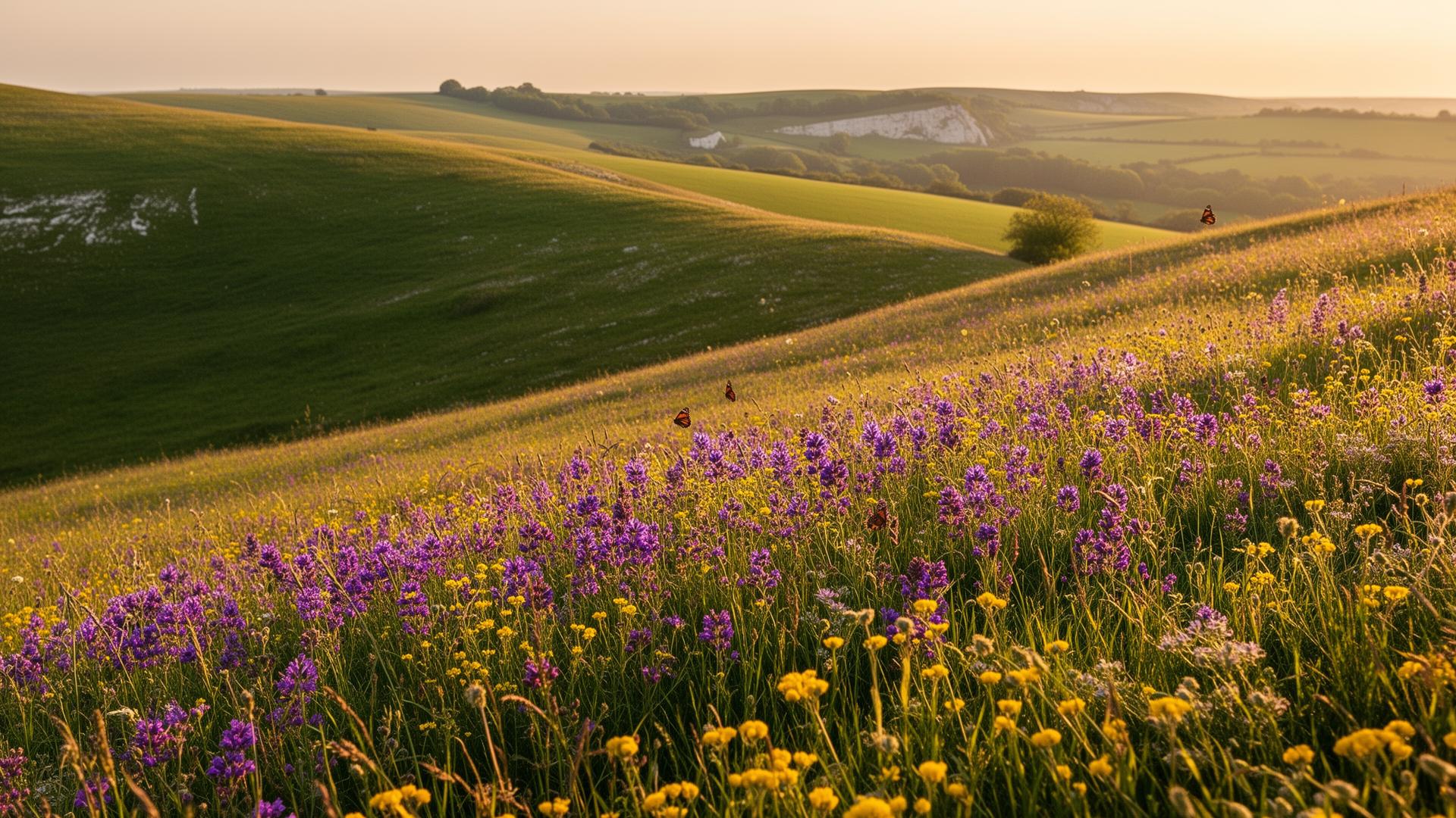 Wildflowers blooming on the South Downs chalk grassland in late spring